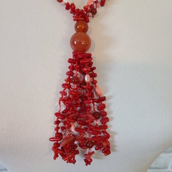 Red Coral Tassel Necklace Shell Glass Beads Hand Knotted - Picture 2 of 8